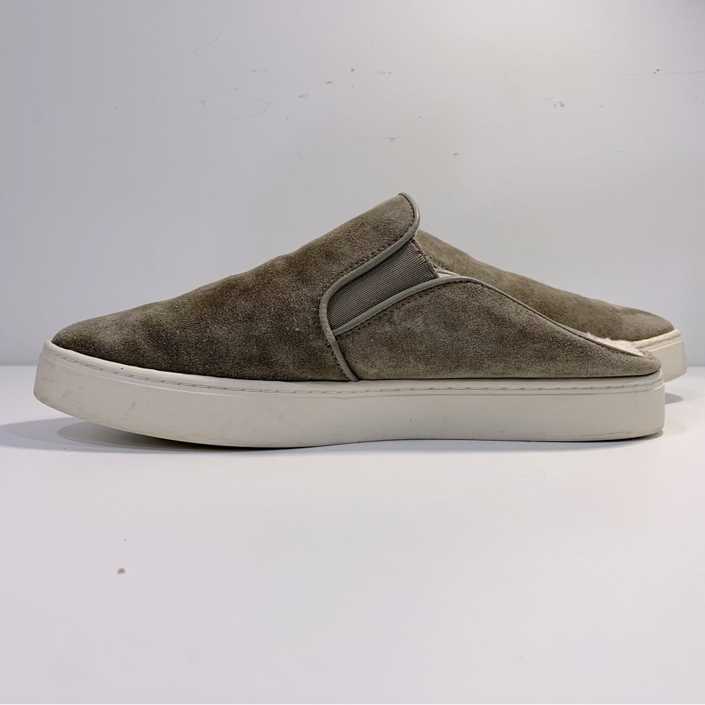 VINCE Women’s 6.5 Olive Green Suede Verrell Mules Slip On Slide Sherpa Lined